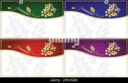 Set mit 4 exotischen, mit Holly verzierten Geschenkanhängern mit Platz für Ihre eigene SMS. Stock Vektor