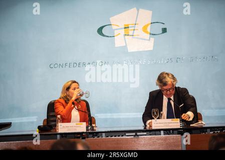 santiago, spanien. Mai 12. 2023. Die erste Vizepräsidentin und Ministerin für Wirtschaft und digitalen Wandel, Nadia Calviño. Sie hält ein Treffen ab Stockfoto