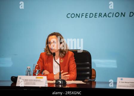 santiago, spanien. Mai 12. 2023. Die erste Vizepräsidentin und Ministerin für Wirtschaft und digitalen Wandel, Nadia Calviño. Sie hält ein Treffen ab Stockfoto