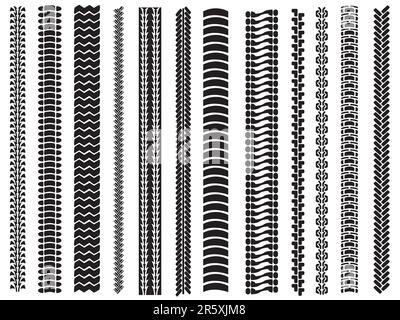 Satz von zwölf Reifenspuren. Mehr Reifenspuren in meinem Portfolio. Stock Vektor