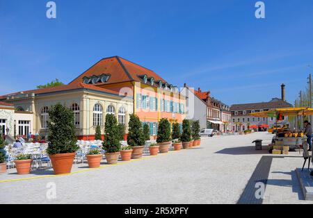 Schwetzingen im Frühling am Palastplatz, Marktplatz und St. Die Pancratius-Kirche Stockfoto