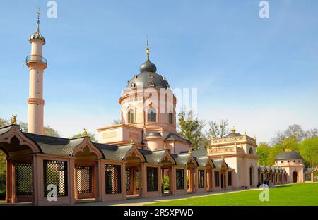 Schwetzingen, im Frühling, Moschee im Schlossgarten, Minarett, Moschee im Schlosspark Stockfoto