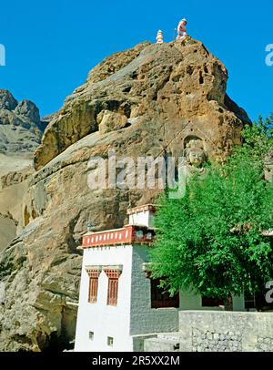 Rockskulptur Maitreya, Mulbekh, Ladakh, Indien Stockfoto