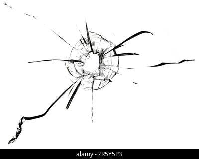 Risse auf dem Glas von Schüssen. Fensterstruktur gebrochen. Stockfoto