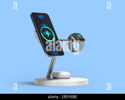 Kabelloses Ladegerät mit Smatrphone und Smartwatch Perspective View 3D-Rendern auf Blau Stockfoto