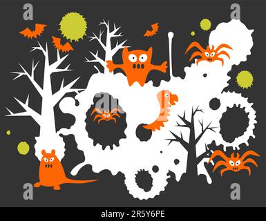 Monster und Grunge-Muster auf schwarzem Hintergrund. Halloween-Illustration. Stock Vektor
