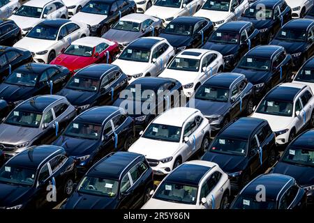 Bremerhaven, Deutschland. 26. April 2023. Parkplätze befinden sich auf dem Gelände des BLG Autoterminal Bremerhaven. Kredit: Sina Schuldt/dpa/Alamy Live News Stockfoto