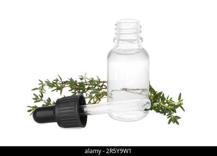 Flasche ätherisches Thymianöl und frische grüne Zweige auf weißem Hintergrund Stockfoto