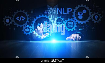 NLP Natural Language Processing Konzept. Neuronales Netzwerk der künstlichen Intelligenz. Stockfoto