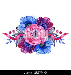 Blaue Aquarelle Blumen Blumensträuße, Anemone, Grün und Beeren, Blumensträuße. Trendige Farbkollektion. Isoliert und bearbeitbar Stockfoto