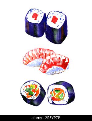 Aquarell handgezeichnete Petersilie, Garnelen, Sushi-Kaviar. Stockfoto