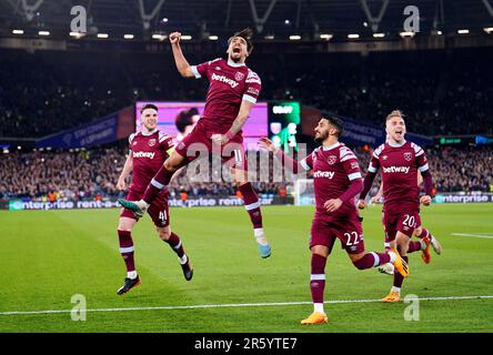 Dateifoto vom 20.-04-2023 von Lucas Paqueta, das ein Ergebnis gegen KAA Gent feiert. Obwohl er ein frühes Tor zugestanden hat, war der Heimschuss dank eines weiteren Antonio Double, Lucas Paqueta's Elfmeter und einem atemberaubenden Einzeltor von Captain Declan Rice, der einen 4-1-Sieg verbuchen konnte, angenehm. Ausgabedatum: Dienstag, 6. Juni 2023. Stockfoto