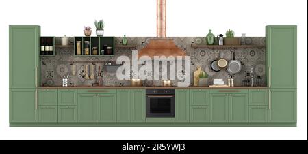 Grüne Küche im Vintage-Stil mit Kupferhaube isoliert auf weißem Hintergrund - 3D-Rendering Stockfoto