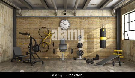 Fitnessraum in einem Loft mit Fitnessraum mit Geräten für Krafttraining und Stanztasche - 3D-Rendering Stockfoto