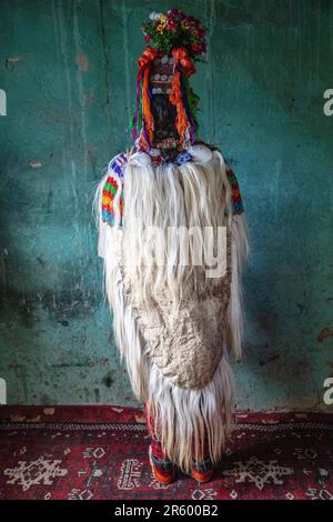 ATEMBERAUBENDE Bilder des Brokpa-Stammes wurden in ihrem Blumendesign aufgenommen, da sie für den Frühling bereit aussehen. Die atemberaubenden Porträts zeigen Stockfoto