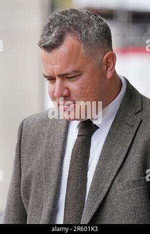 Metropolitan Police PC Jonathan Marsh, von der East Area Command Unit, am Westminster Magistrates' Court, wo er wegen Körperverletzung angeklagt wird. PC Marsh, der derzeit beschränkte Pflichten hat, wurde nach einer IOPC-Untersuchung eines Vorfalls auf dem Atlanta Boulevard, Romford, am 13. November 2022 angeklagt. Foto: Dienstag, 6. Juni 2023. Stockfoto
