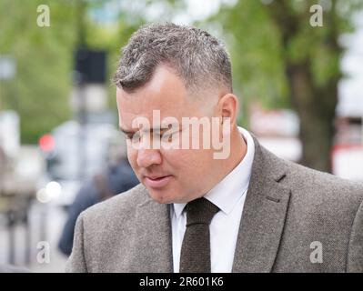 Metropolitan Police PC Jonathan Marsh, von der East Area Command Unit, am Westminster Magistrates' Court, wo er wegen Körperverletzung angeklagt wird. PC Marsh, der derzeit beschränkte Pflichten hat, wurde nach einer IOPC-Untersuchung eines Vorfalls auf dem Atlanta Boulevard, Romford, am 13. November 2022 angeklagt. Foto: Dienstag, 6. Juni 2023. Stockfoto