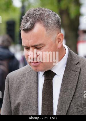 Metropolitan Police PC Jonathan Marsh, von der East Area Command Unit, am Westminster Magistrates' Court, wo er wegen Körperverletzung angeklagt wird. PC Marsh, der derzeit beschränkte Pflichten hat, wurde nach einer IOPC-Untersuchung eines Vorfalls auf dem Atlanta Boulevard, Romford, am 13. November 2022 angeklagt. Foto: Dienstag, 6. Juni 2023. Stockfoto