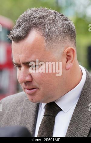 Metropolitan Police PC Jonathan Marsh, von der East Area Command Unit, am Westminster Magistrates' Court, wo er wegen Körperverletzung angeklagt wird. PC Marsh, der derzeit beschränkte Pflichten hat, wurde nach einer IOPC-Untersuchung eines Vorfalls auf dem Atlanta Boulevard, Romford, am 13. November 2022 angeklagt. Foto: Dienstag, 6. Juni 2023. Stockfoto