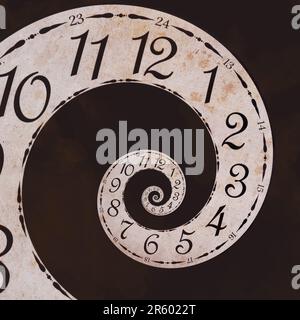 Unendlichkeit und andere zeitbezogene Konzepte. Verdrehte Stundenzahlen. Uhr mit Spiraleffekt Stockfoto