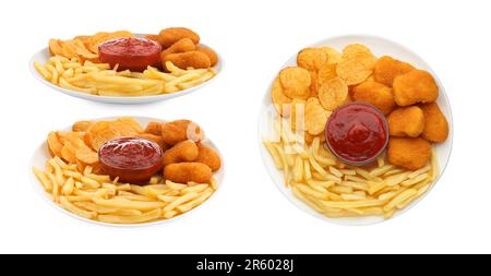 Pommes Frites, Chicken Nuggets und Chips mit Ketchup auf weißem Hintergrund, Collage-Design. Ansichten von verschiedenen Seiten Stockfoto