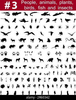 Set # 3. Große Sammlung von Collage Vector Silhouetten von Menschen, Tiere, Vögel, Fische, Blumen und Insekten Stock Vektor
