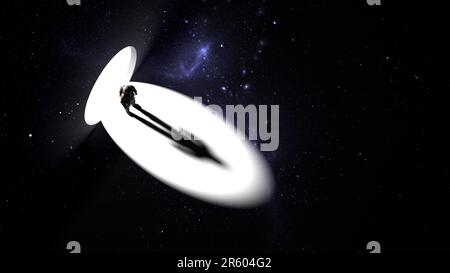 Der Astronaut Kosmonaut steht im kreisförmigen Durchgang in der Wand. Kosmisches Tor zu einer anderen Dimension, Reise durch das Universum. 3D-Rendern Stockfoto