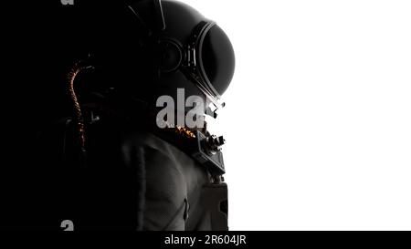 Porträt eines Astronauten-Kosmonauten auf schwarzem Hintergrund mit Blick in die Ferne. 3D-Rendern Stockfoto