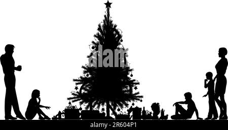 Bearbeitbares Vektor Silhouette einer Familie um einen Weihnachtsbaum mit allen Elementen als separate Objekte Stock Vektor