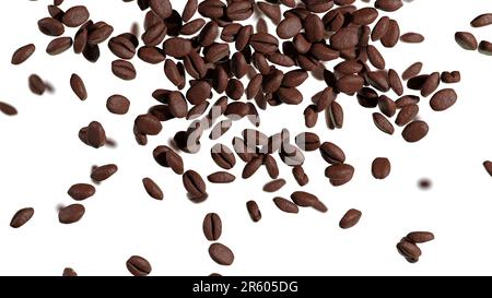 Kaffeebohnen fallen auf einen weißen Hintergrund. Geröstete Kakaobohnen. 3D-Rendern Stockfoto