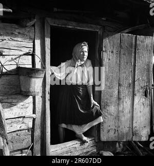 Maramures County, Rumänien, ca. 1980. Eine einheimische Frau an der Tür einer Scheune. Stockfoto