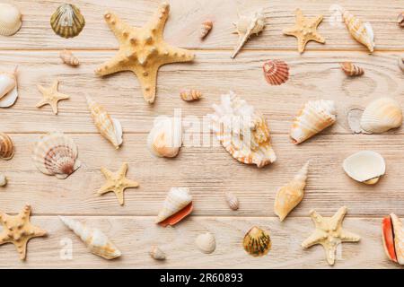 Summer Time Concept flache Lay-Komposition mit schönen Seesternen und Muscheln auf farbigem Tisch, Draufsicht. Stockfoto