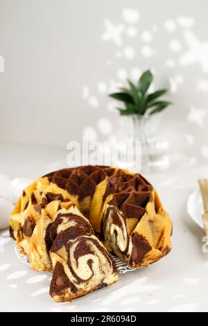 Schokoladenkuchen aus Marmor oder Zebrakuchen, Platz für Text kopieren Stockfoto
