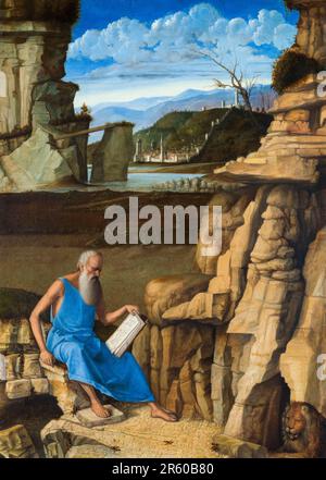 Giovanni Bellini, Heiliger Jerome, liest in einer Landschaft, malt in Öl auf der Platte, 1480-1485 Stockfoto