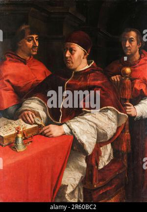 Papst Leo X (Giovanni de' Medici, 1475-1521), mit Giulio de' Medici (1478-1534) dem zukünftigen Papst Clement VII links und Luigi de Rossi (1474-1519) seinem Cousin rechts, Porträt in Öl von Andrea del Sarto nach Raphael, 1523 Stockfoto