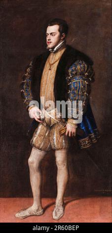 König Philip II. Von Spanien (1527-1598), Porträtmalerei in Öl auf Leinwand von Tizian, Tiziano Vecellio, 1553-1554 Stockfoto