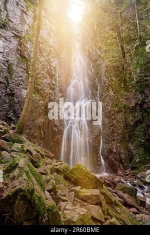 Der Burgbach-Wasserfall im Nadelwald fällt über Granitfelsen in das Tal bei Bad Rippoldsau-Schapbach, Schwarzwald, Deutschland. Unglaublich Stockfoto