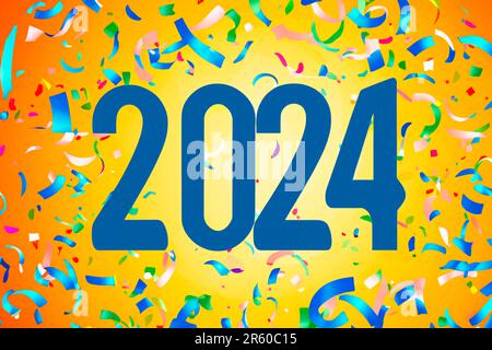 2024. Neujahr 2024. Zahlen auf Konfetti-Hintergrund. Horizontales Design. Frohes Neues Jahr 2024. Stockfoto