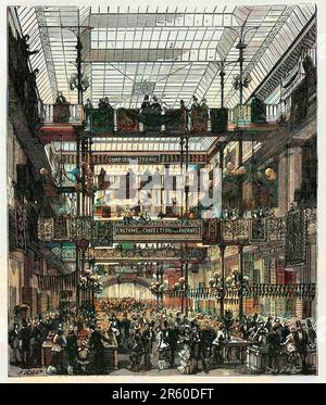 Apercu du Magasin du louvre, vaste cité commerciale présentant les nouveautés deconfection et d'ameublement aux parisiens, en 1881. Gravure de Fichot, pour Illustrator 'Paris à travers les siècles' par H.Gourdon de Genouillac, F.Roy éditeur, Paris, 1882. Stockfoto