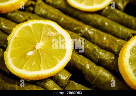 Gefüllte Traubenblätter Yaprak Sarma traditionelle türkische Speisen aus nächster Nähe Stockfoto