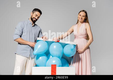 Lächelnde und elegante schwangere Frau öffnet große Geschenkbox mit blauen Ballons in der Nähe des Ehemanns während der Babyparty isoliert auf Grau, erwartendes Elternkonzept Stockfoto