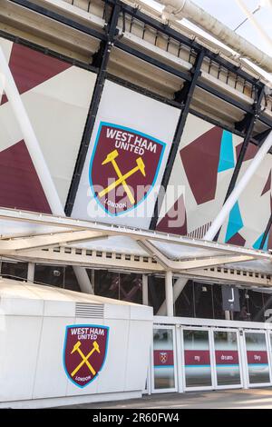 London, Vereinigtes Königreich, Mai 28. 20203:- Ein Blick auf das London Stadium, das ehemalige Olympiastadion von London 2012, jetzt Heimat des West Ham United Football Club Stockfoto