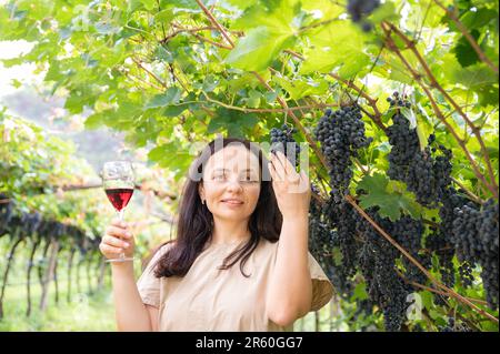 Wunderschöne Frau träumt von Rotwein und genießt den Sommeraufenthalt in Weinbergen an einem schönen sonnigen Tag. Eine Frau, die Rotwein trinkt. Erntesaison. Hochwertiges Foto Stockfoto