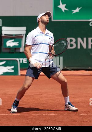 Paris, Frankreich. 06. Juni 2023. Tennis: Grand Slam/ATP Tour - French Open, Doppel, Herren, Viertelfinale. Dodig/Krajicek (Kroatien/USA) - Krawietz/Pütz (Deutschland). Tim Pütz reagiert. Kredit: Frank Molter/dpa/Alamy Live News Stockfoto