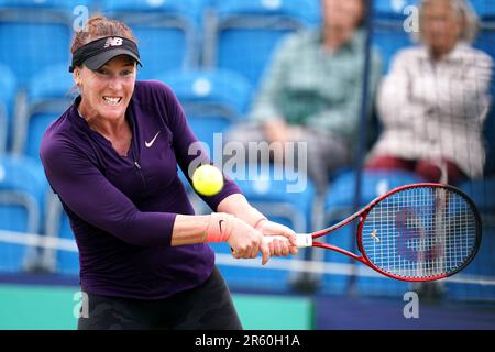 Madison Brengle aus den USA in Aktion während des 1.-Runden-Spiels der Damen gegen Isabelle Lacy aus Großbritannien am zweiten Tag der Lexus-Surbiton-Trophäe 2023 im Surbiton Racket and Fitness Club, London. Foto: Dienstag, 6. Juni 2023. Stockfoto