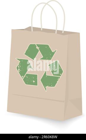 Kraft Einkaufstasche mit grünem Recycling-Logo Stock Vektor