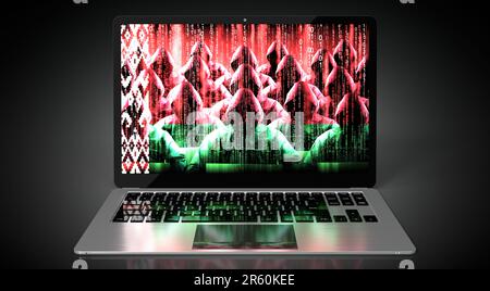 Belarus – Landesflagge und Hacker auf dem Laptop-Bildschirm – Cyberangriffskonzept Stockfoto