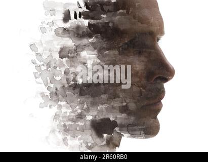 Paintographisches abstraktes monochromes Profilporträt eines Mannes Stockfoto