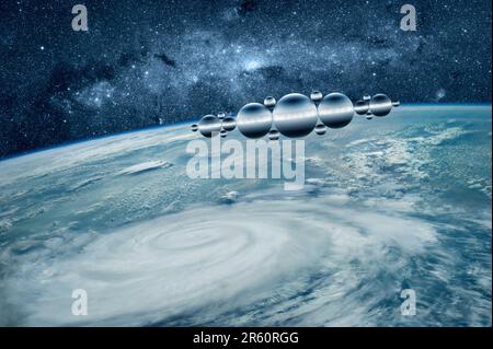 Futuristisches UFO-Raumschiff über der Erde mit Sternenfeldkonzept. Stockfoto