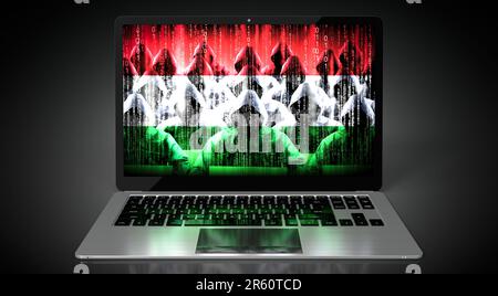 Ungarn - Landesflagge und Hacker auf dem Laptop-Bildschirm - Cyber-Angriffskonzept Stockfoto